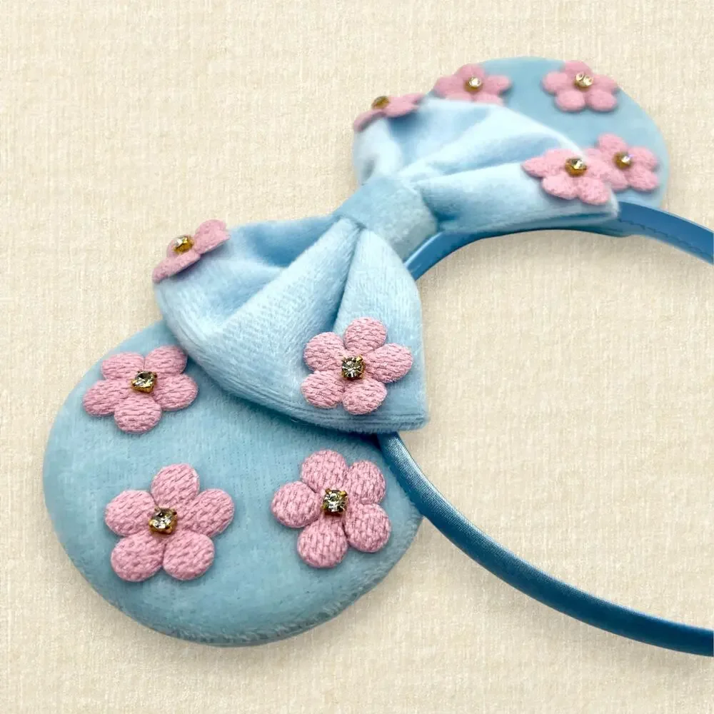 Pastel Blue Velvet Pink Floral Minnie Ears | Disney-Inspired Mouse Ears